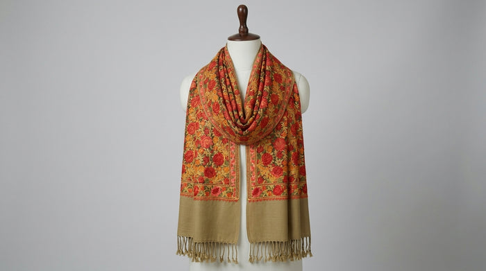 Kashmiri Embroidered Stole — Amber & Tan