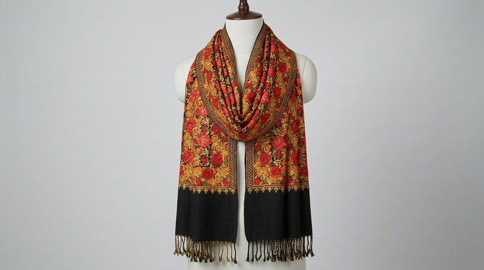 Kashmiri Embroidered Stole — Amber & Black