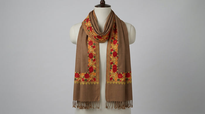 Kashmiri Border Embroidery Stole — Taupe