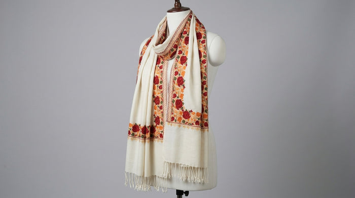 Kashmiri Border Embroidery Stole — Ivory