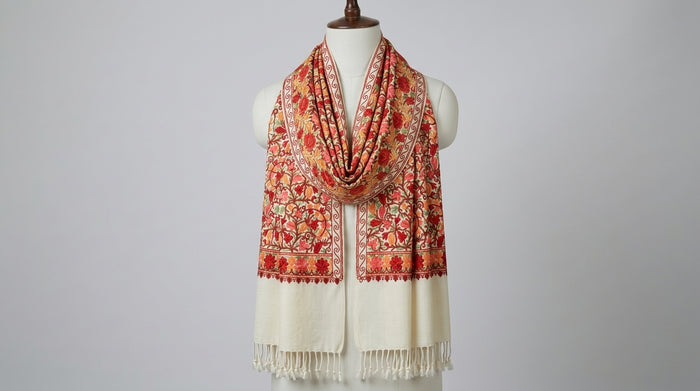 Kashmiri Embroidered Stole — Ivory & Red
