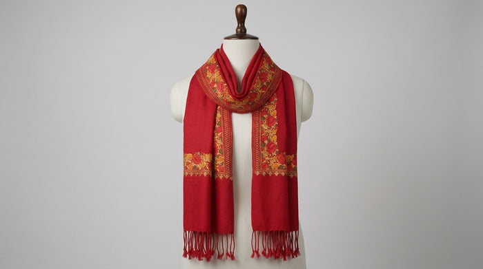 Kashmiri Border Embroidery Stole — Crimson