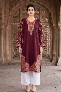 Maroon wool phiran with coral embroidered yoke, front view