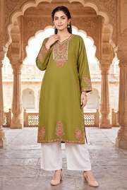 Olive wool phiran with coral embroidered yoke, front view