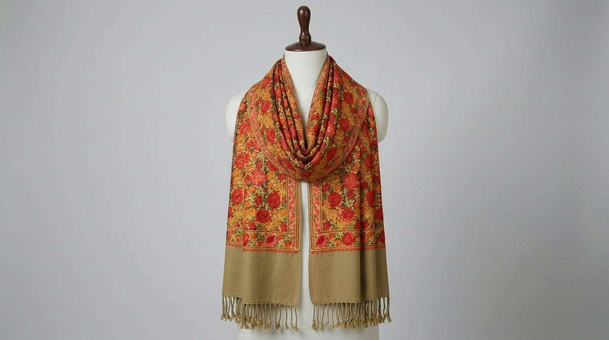 Kashmiri Embroidered Stole — Amber & Tan