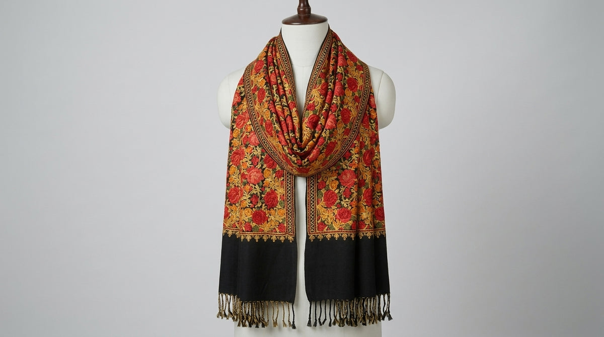 Kashmiri Embroidered Stole — Amber & Black
