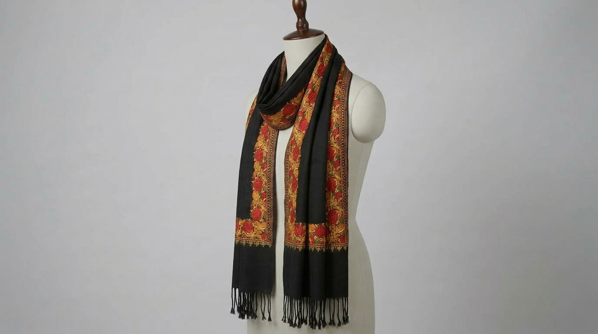 Kashmiri Border Embroidery Stole — Black
