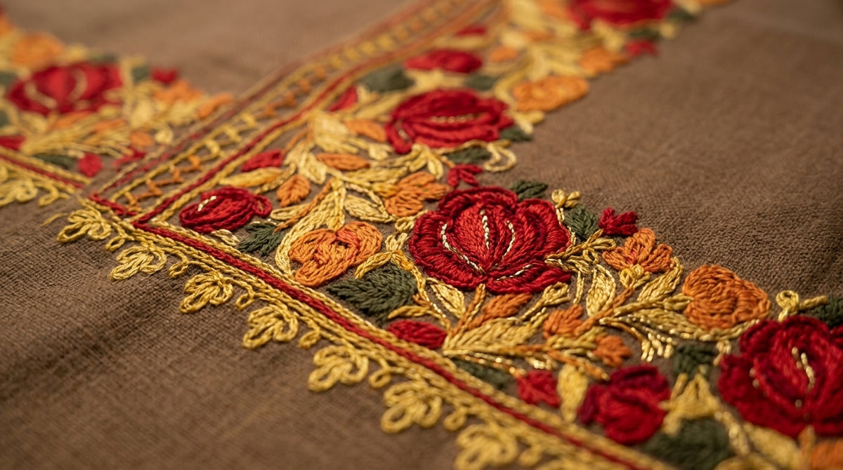 Kashmiri Border Embroidery Stole — Taupe