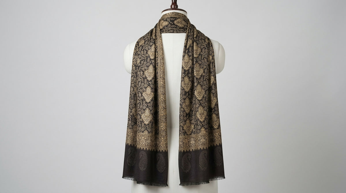 Kani Silk Stole — Charcoal & Gold
