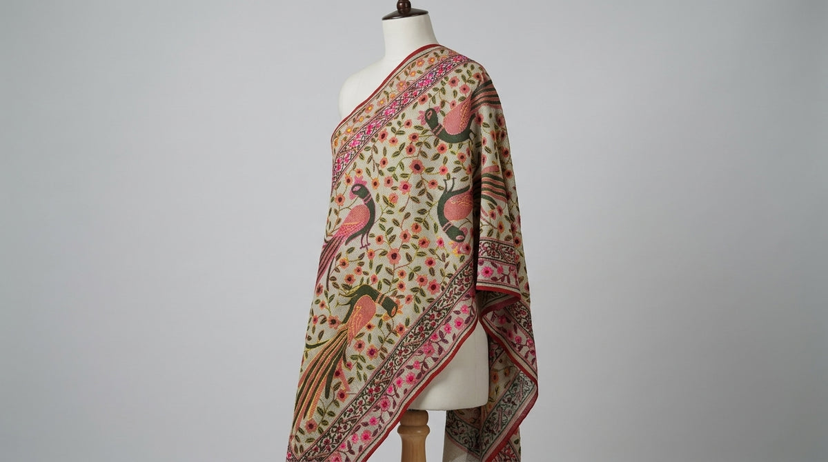Kalamkari Dupatta — Ivory & Pink