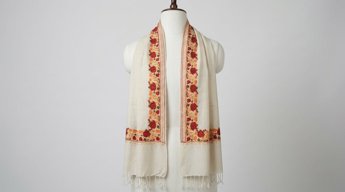 Kashmiri Border Embroidery Stole — Ivory