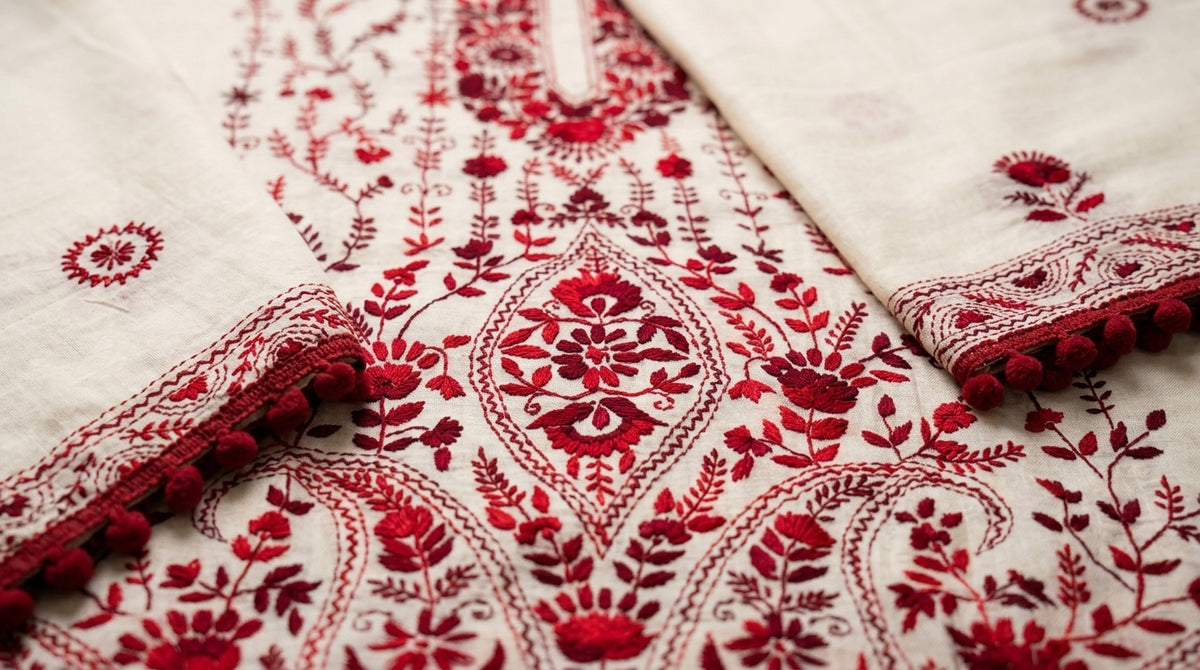 Phulkari Suit — Ivory & Maroon