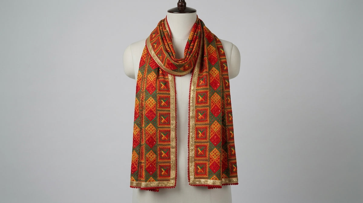 Phulkari Dupatta — Red & Gold