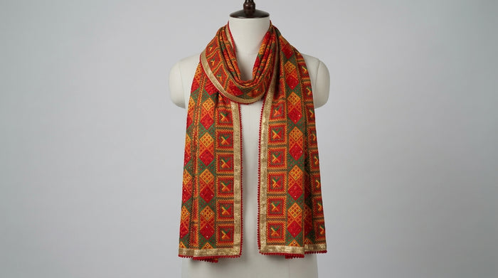 Phulkari Dupatta — Red & Gold