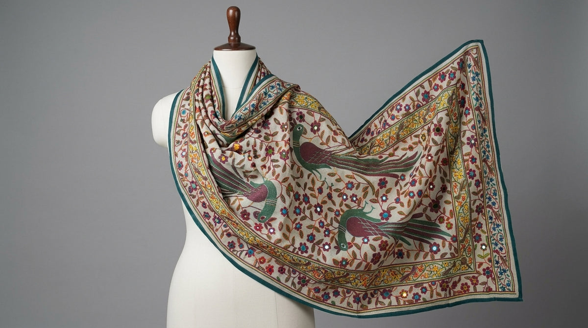 Kalamkari Dupatta — Ivory & Mustard