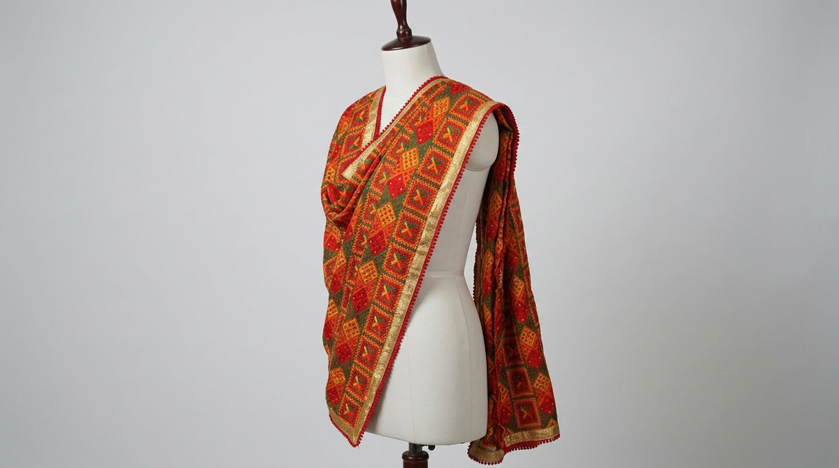 Phulkari Dupatta — Red & Gold