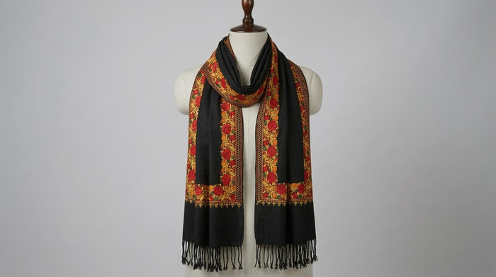 Kashmiri Border Embroidery Stole — Black
