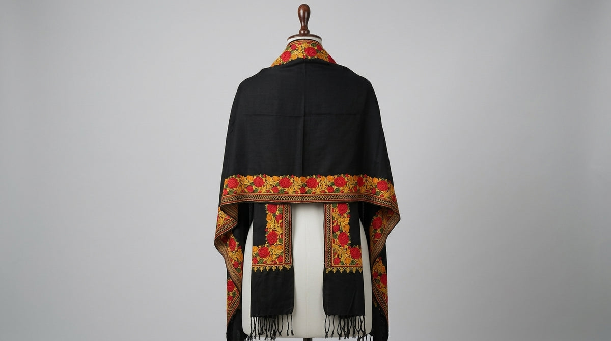 Kashmiri Border Embroidery Stole — Black