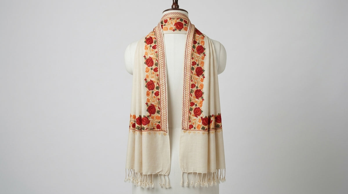Kashmiri Border Embroidery Stole — Ivory