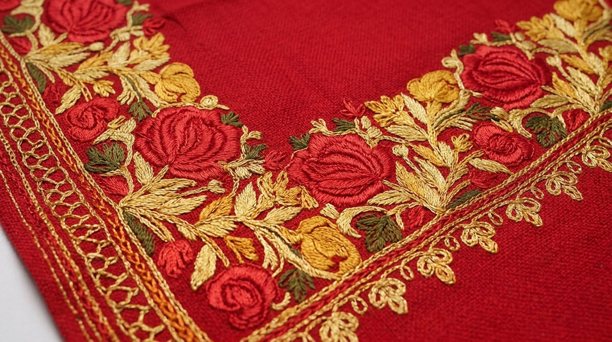 Kashmiri Border Embroidery Stole — Crimson