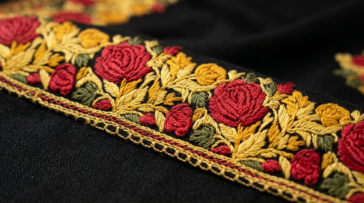 Kashmiri Border Embroidery Stole — Black