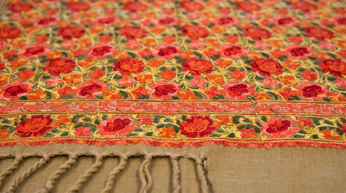Kashmiri Embroidered Stole — Amber & Tan