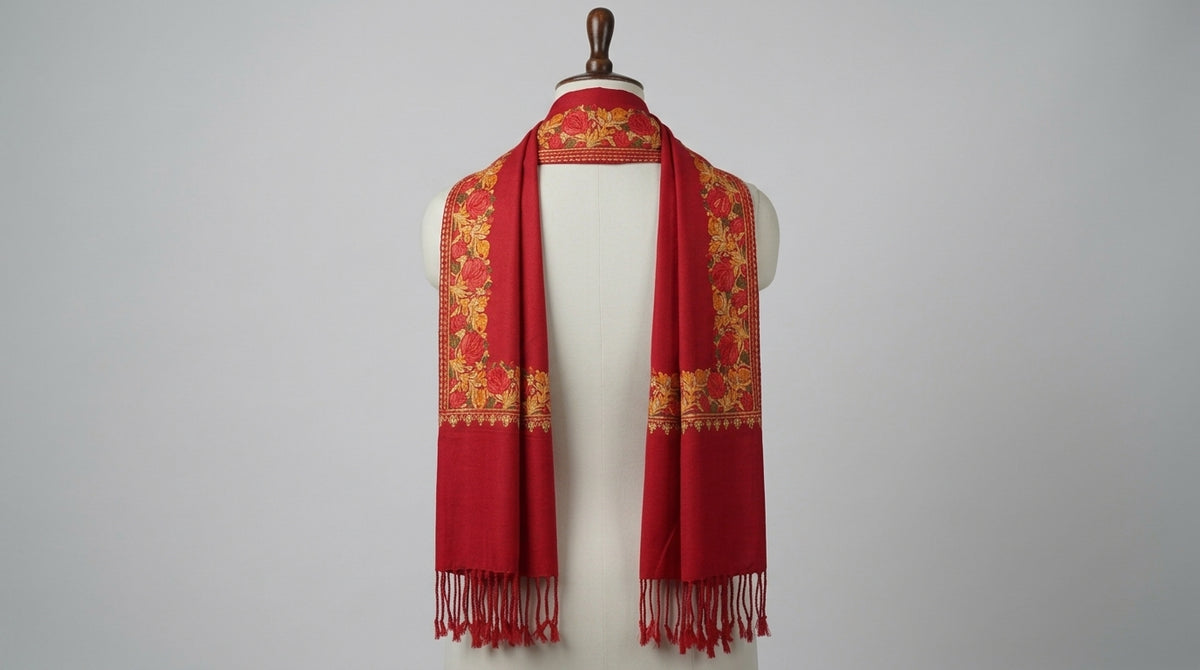Kashmiri Border Embroidery Stole — Crimson