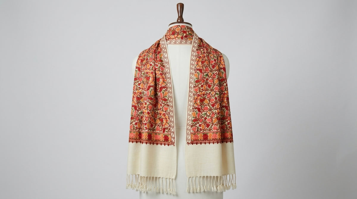 Kashmiri Embroidered Stole — Ivory & Red