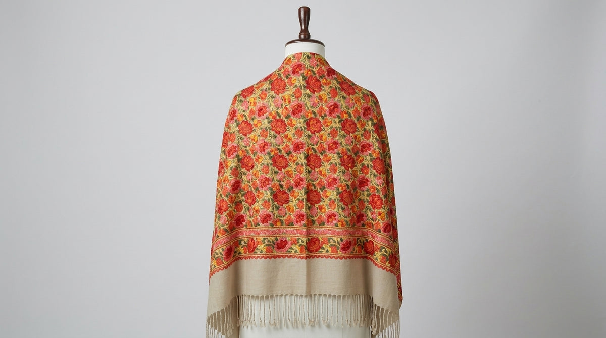 Kashmiri Embroidered Stole — Amber & Tan