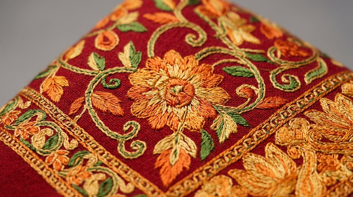 Kashmiri Embroidered Stole — Amber & Red