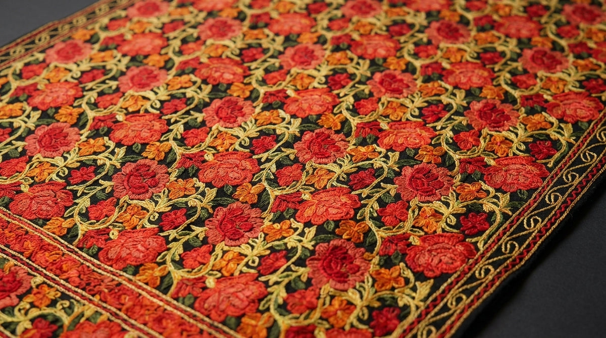 Kashmiri Embroidered Stole — Amber & Black