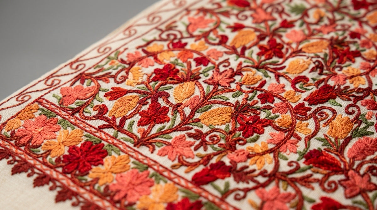 Kashmiri Embroidered Stole — Ivory & Red