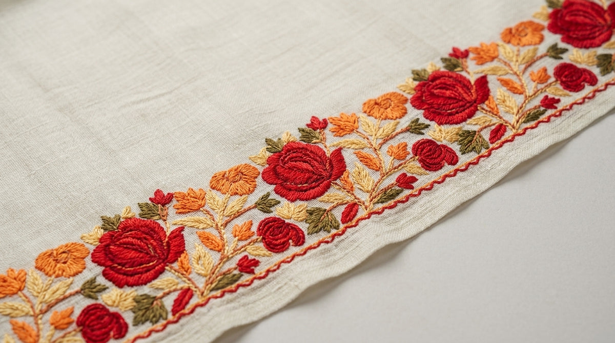 Kashmiri Border Embroidery Stole — Ivory