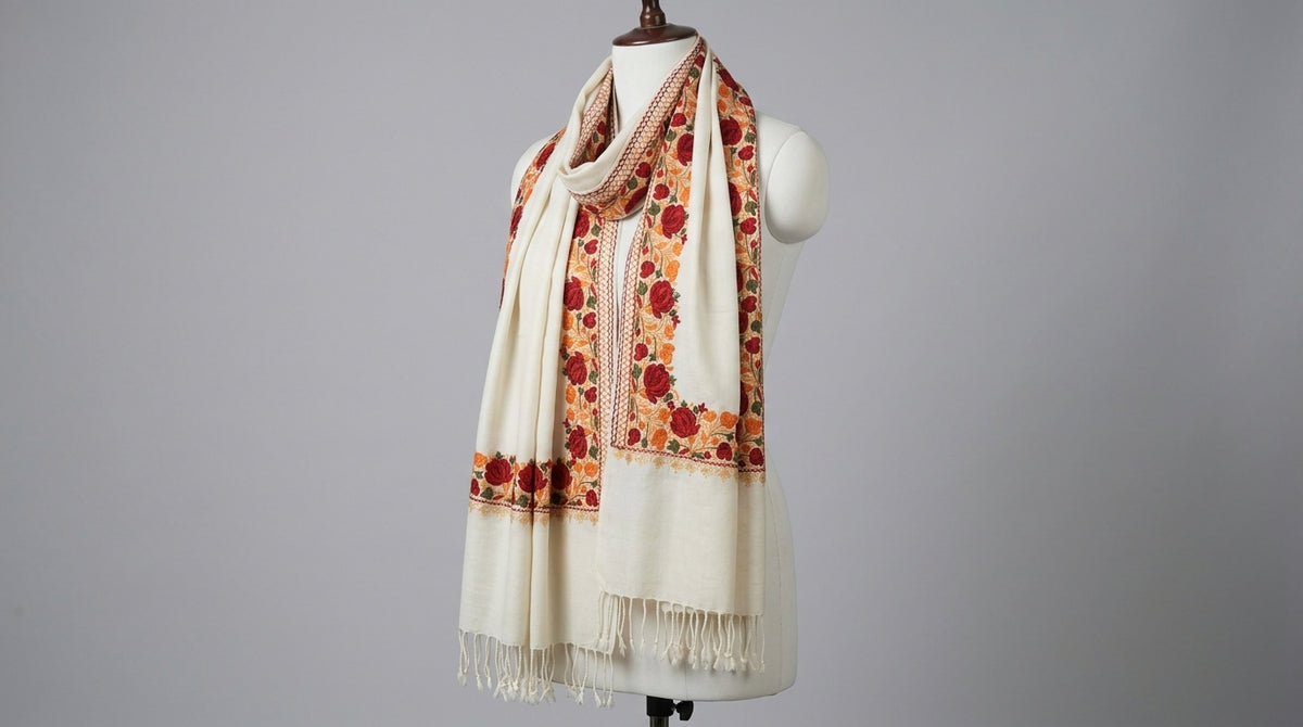 Kashmiri Border Embroidery Stole — Ivory