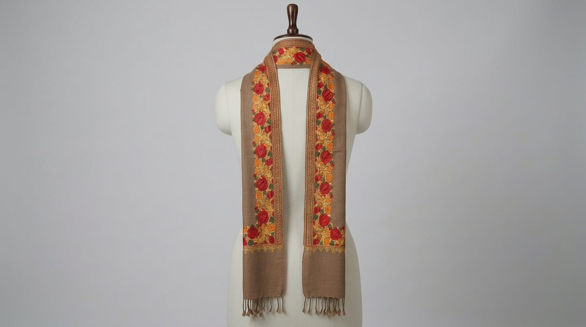 Kashmiri Border Embroidery Stole — Taupe