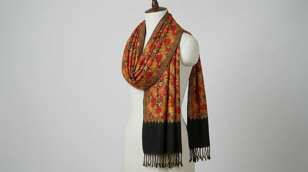 Kashmiri Embroidered Stole — Amber & Black