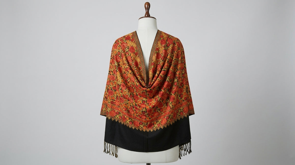 Kashmiri Embroidered Stole — Amber & Black