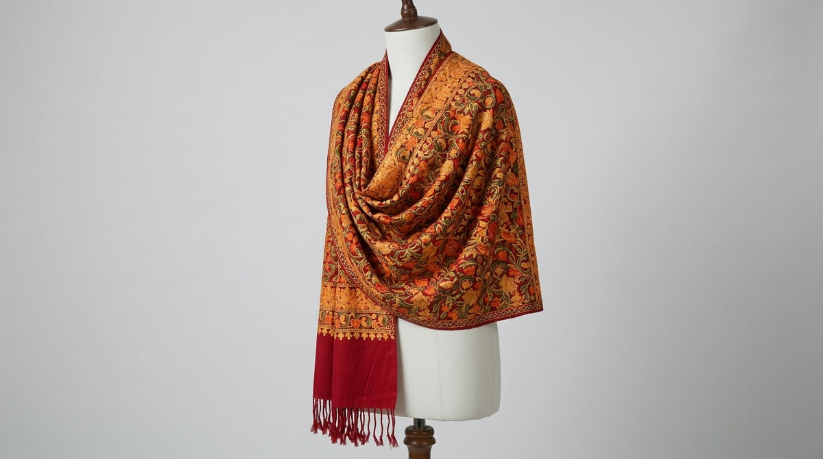 Kashmiri Embroidered Stole — Amber & Red