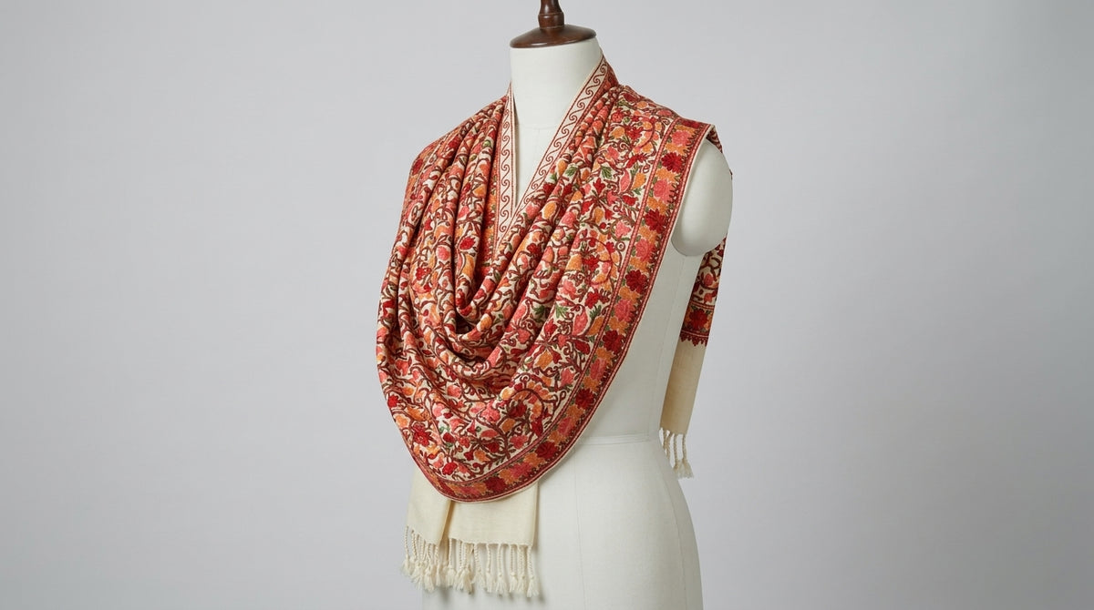 Kashmiri Embroidered Stole — Ivory & Red