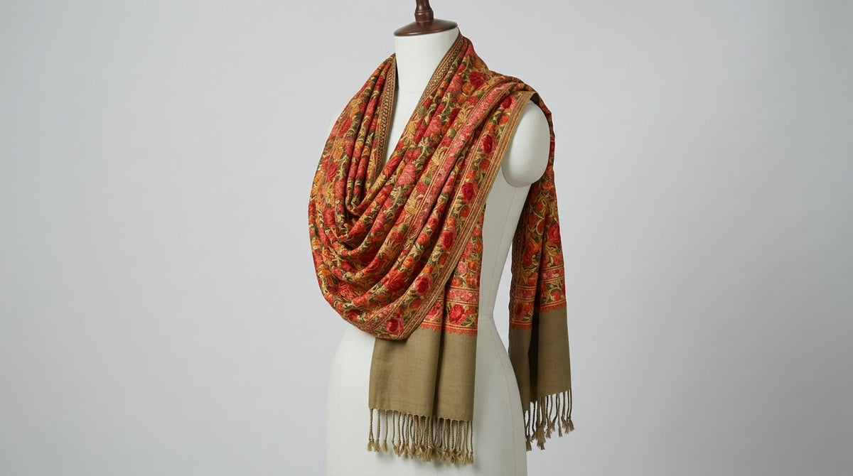 Kashmiri Embroidered Stole — Amber & Tan