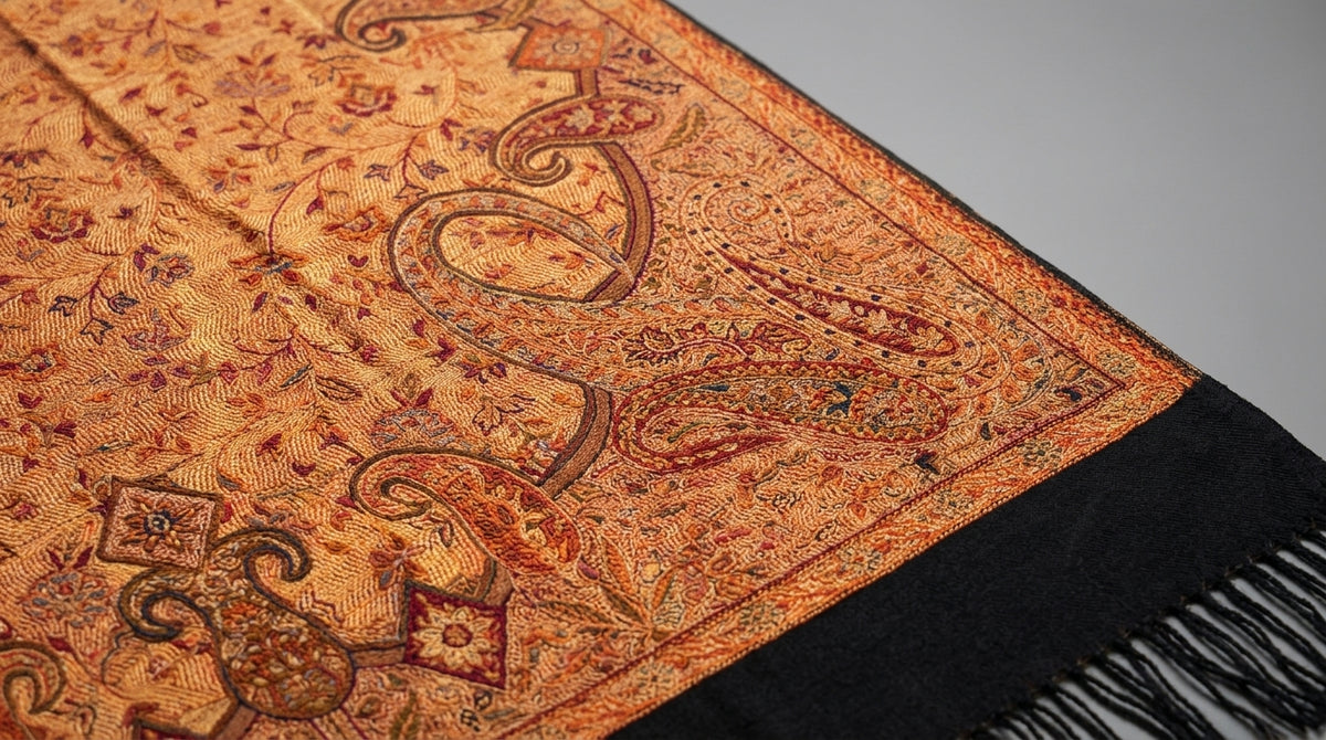 Jamawar Kani Shawl — Rust & Black