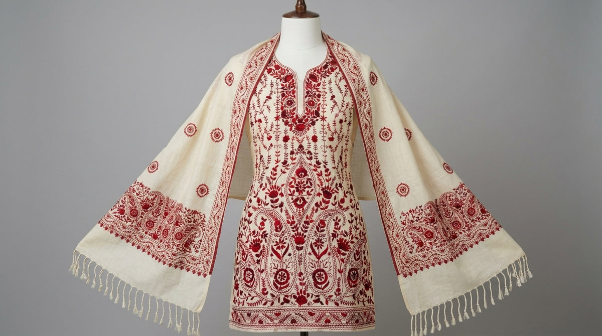Phulkari Suit — Ivory & Maroon