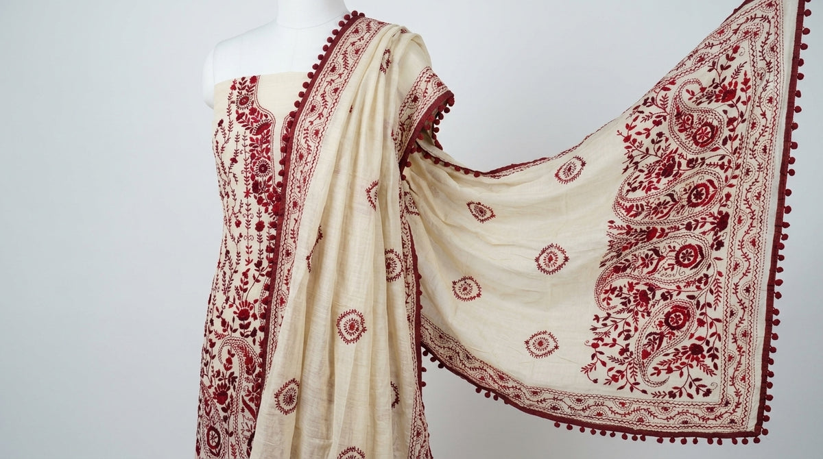 Phulkari Suit — Ivory & Maroon