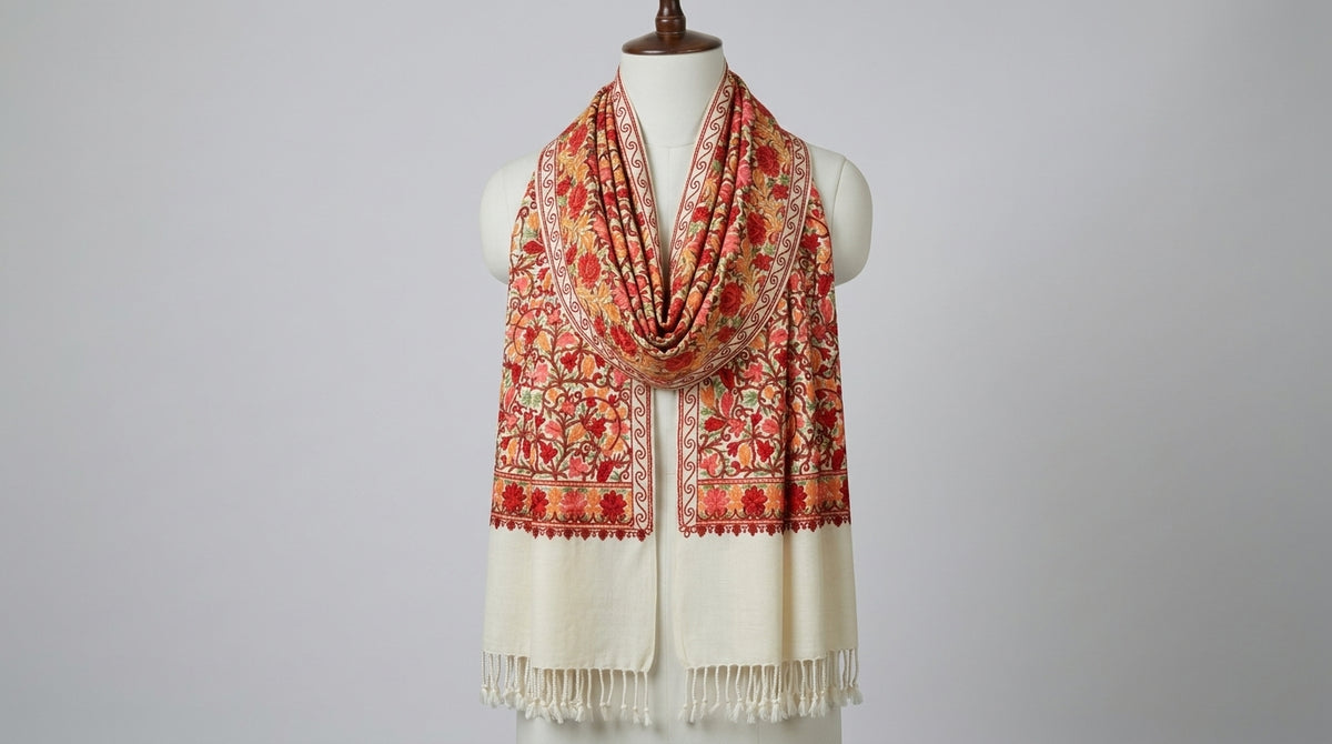 Kashmiri Embroidered Stole — Ivory & Red