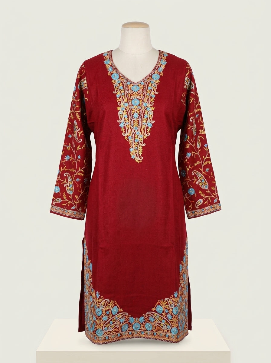 Lahori Embroidered Phiran — Red & Coral