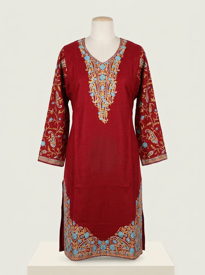 Lahori Embroidered Phiran — Red & Coral