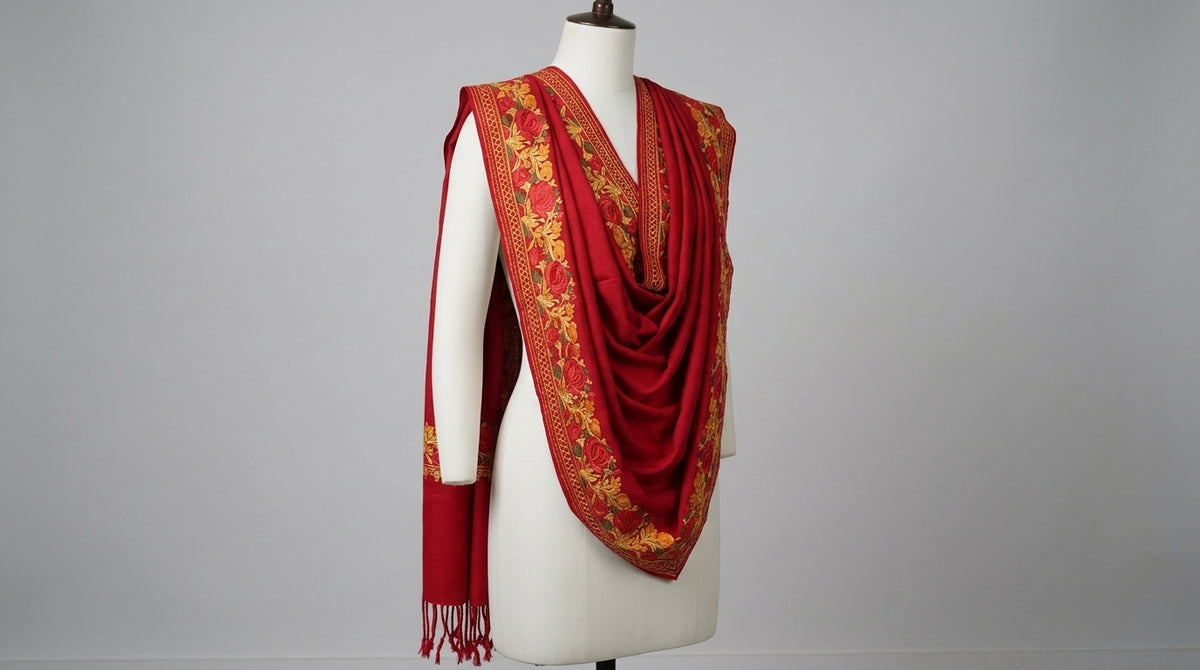 Kashmiri Border Embroidery Stole — Crimson