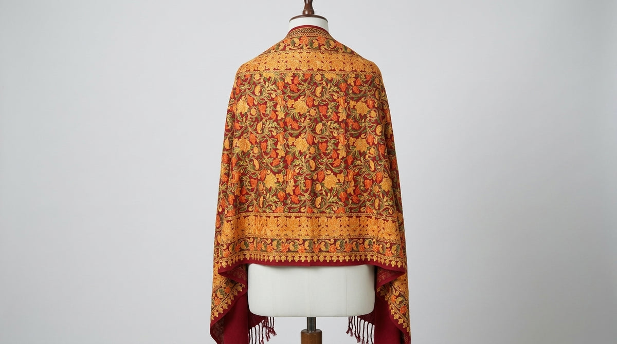 Kashmiri Embroidered Stole — Amber & Red