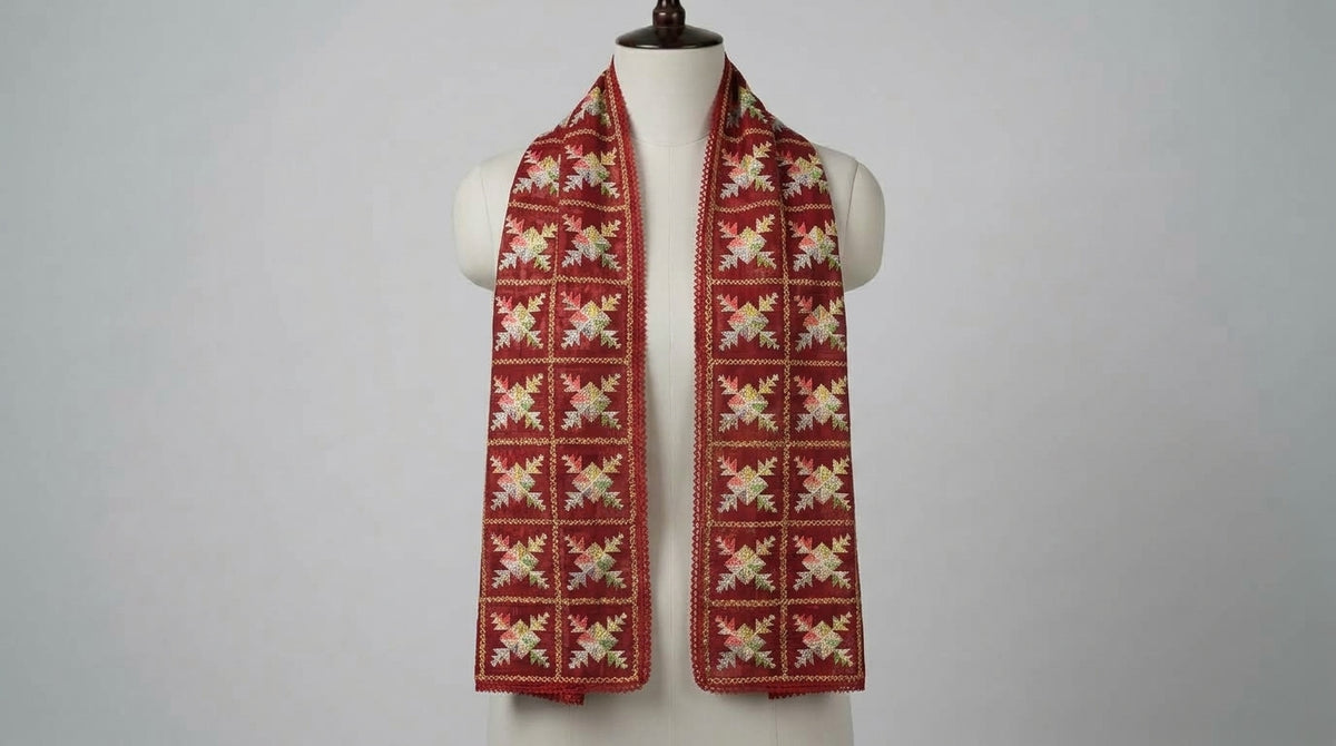 Phulkari Dupatta — Maroon & Cream