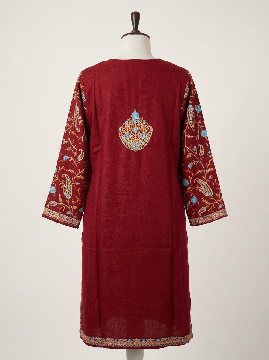 Lahori Embroidered Phiran — Red & Coral